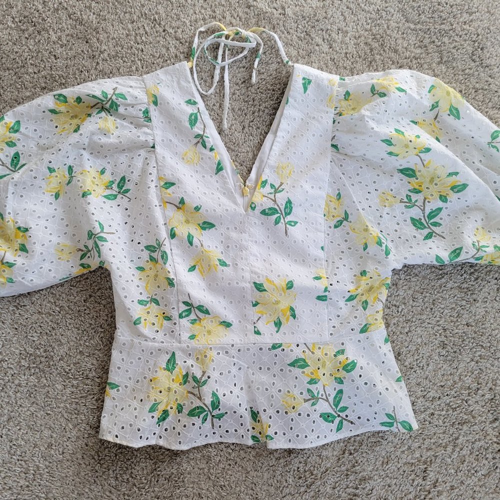 Draper James Floral Eyelet Blouse with Puff Sleeves